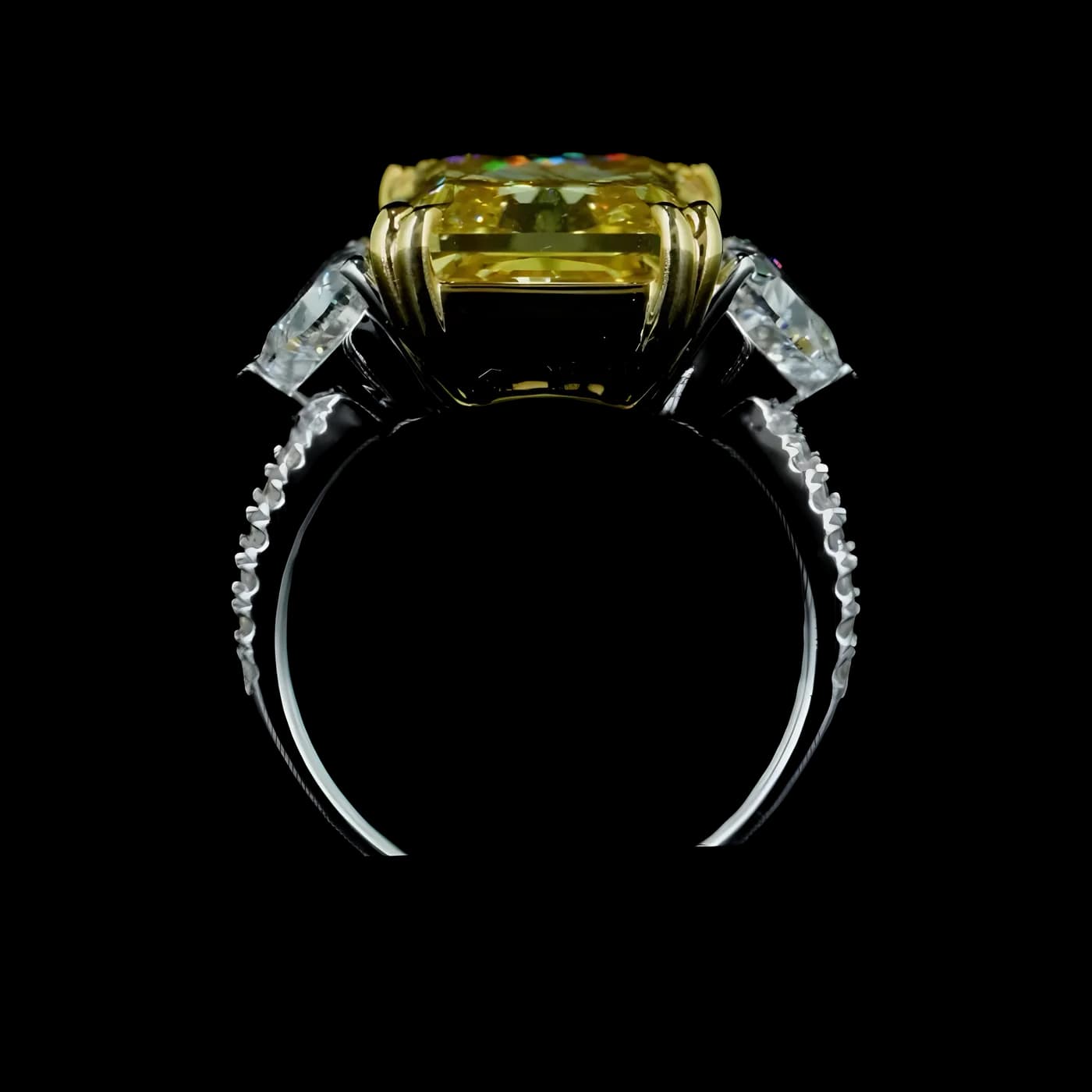 Bague avec pierre latérale en diamant jaune