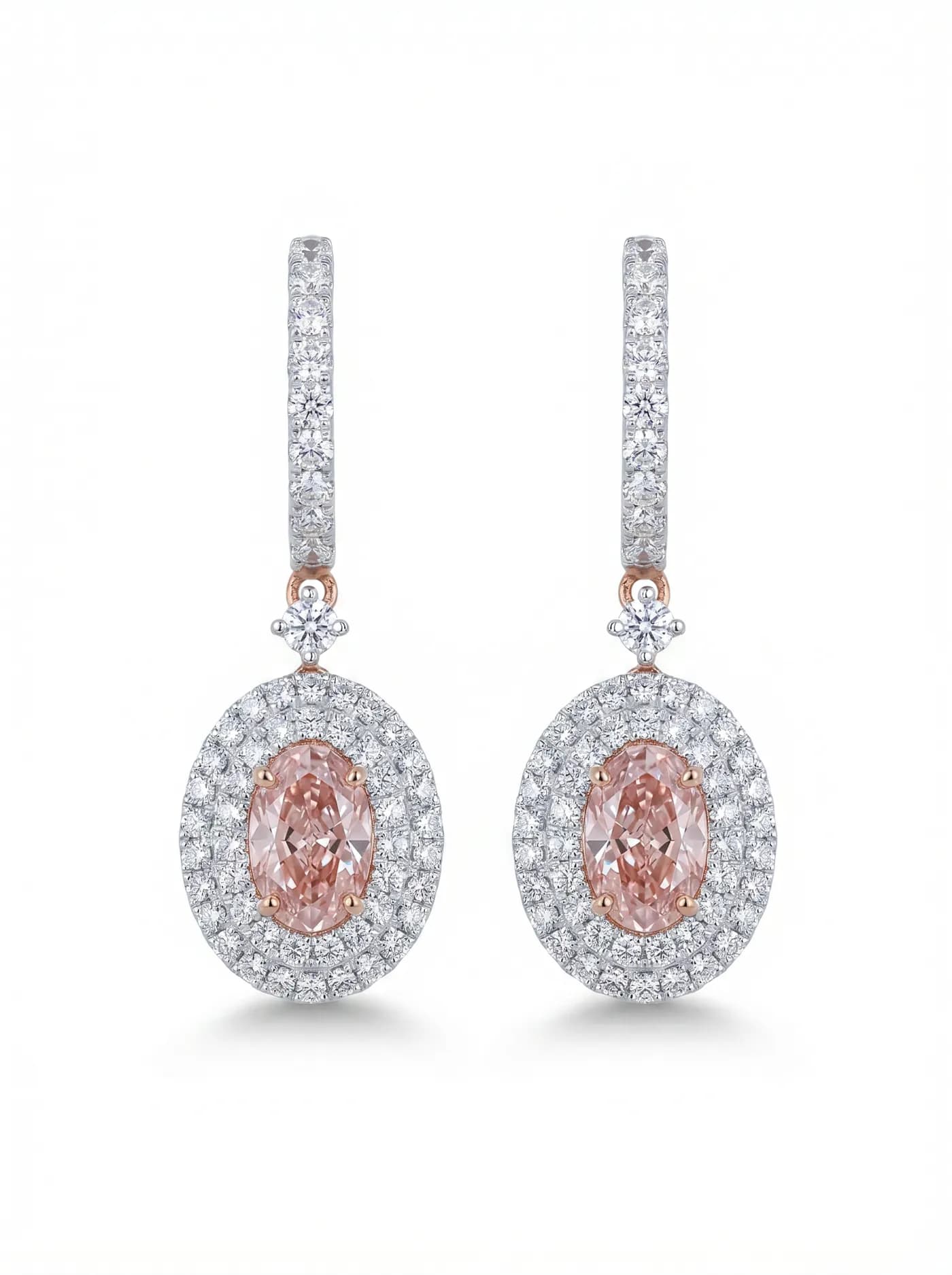 Boucles d'oreilles pendantes halo en diamant rose (D-11)