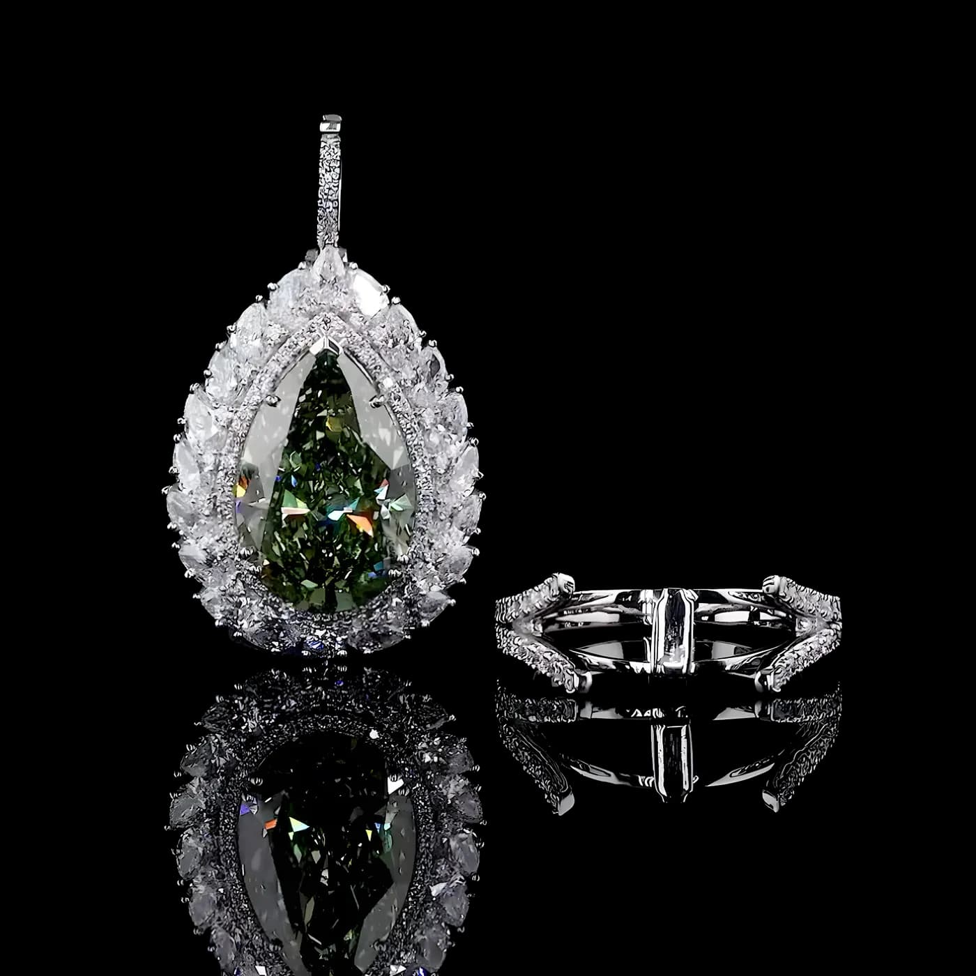 Bague pendentif convertible avec halo en diamant vert (CV139)