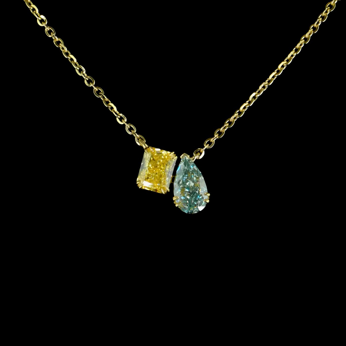 Pendentif 2 pièces en diamant bleu/jaune